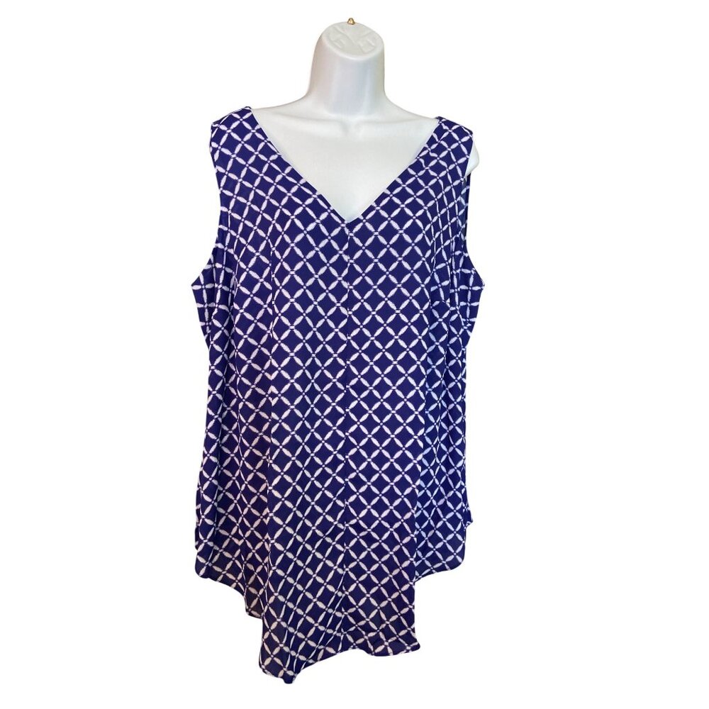 Worthington Woman Sleeveless V-Neck Top 1X Blue White Geometric Preppy
